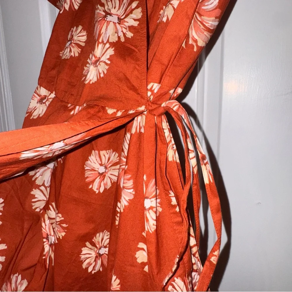 Madewell Floral Print Wrap Cotton V-Neck Mini Dress Rusty Torch dark orange S - Picture 9 of 16